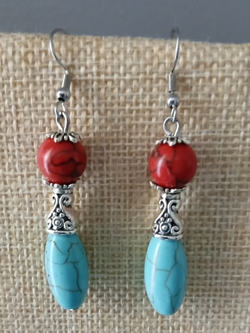 Turquoise and Coral Drop Earrings